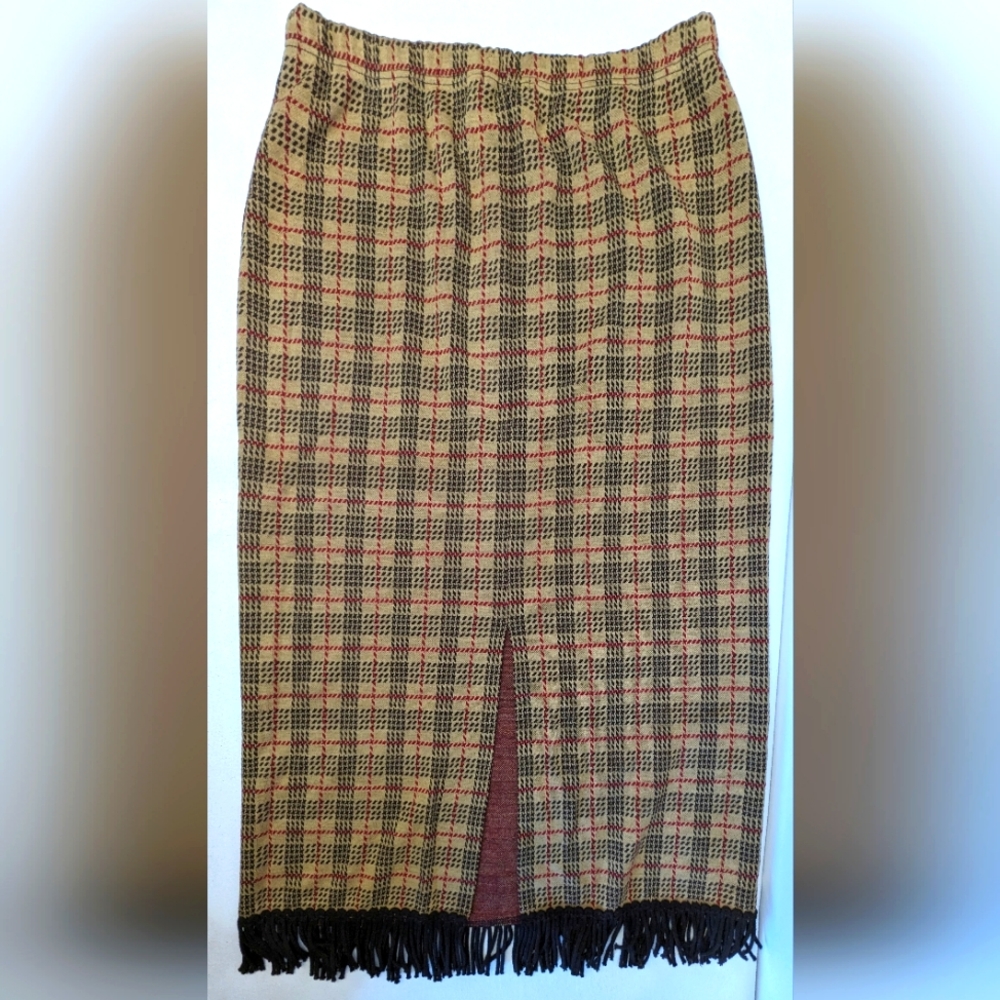Nina Leonard Skirt Houndstooth Plaid Fringed Slit Elastic Waist Acrylic Med N-1